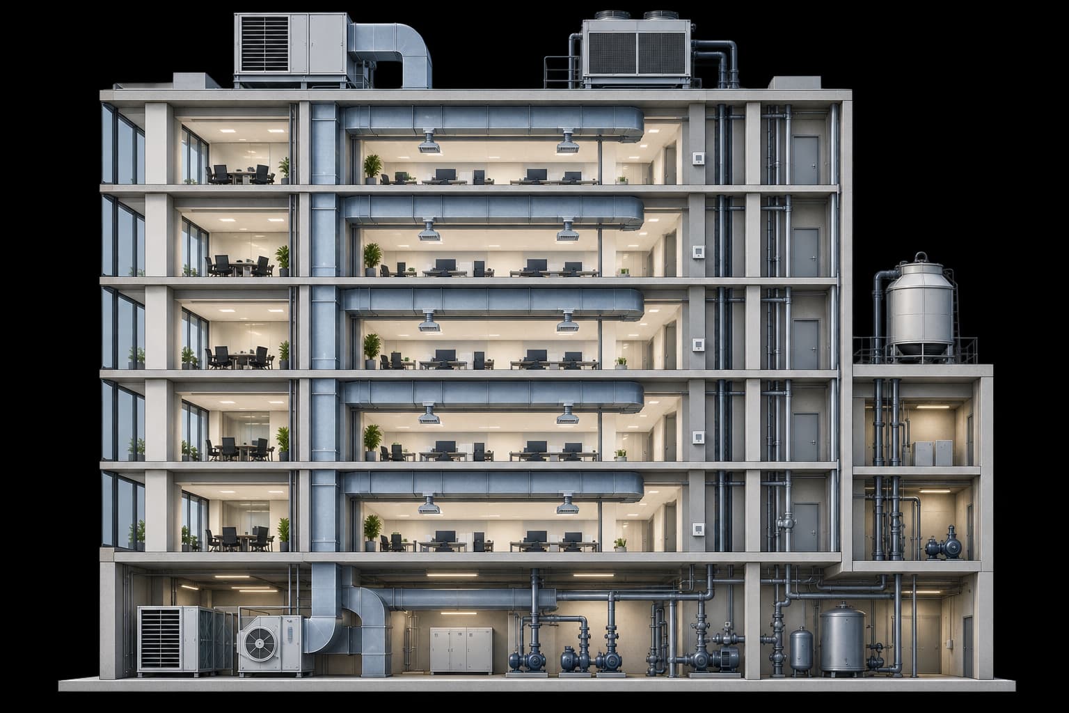 Commercial building cutaway showing rooftop air-handling units, ceiling ventilation ducts and ground-floor HVAC plant.