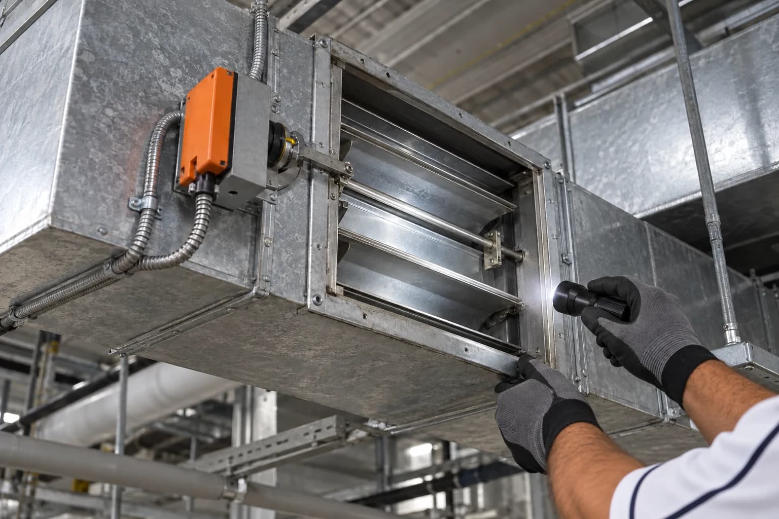 Low-angle view of a mechanical smoke-control damper and actuator being inspected with a torch
