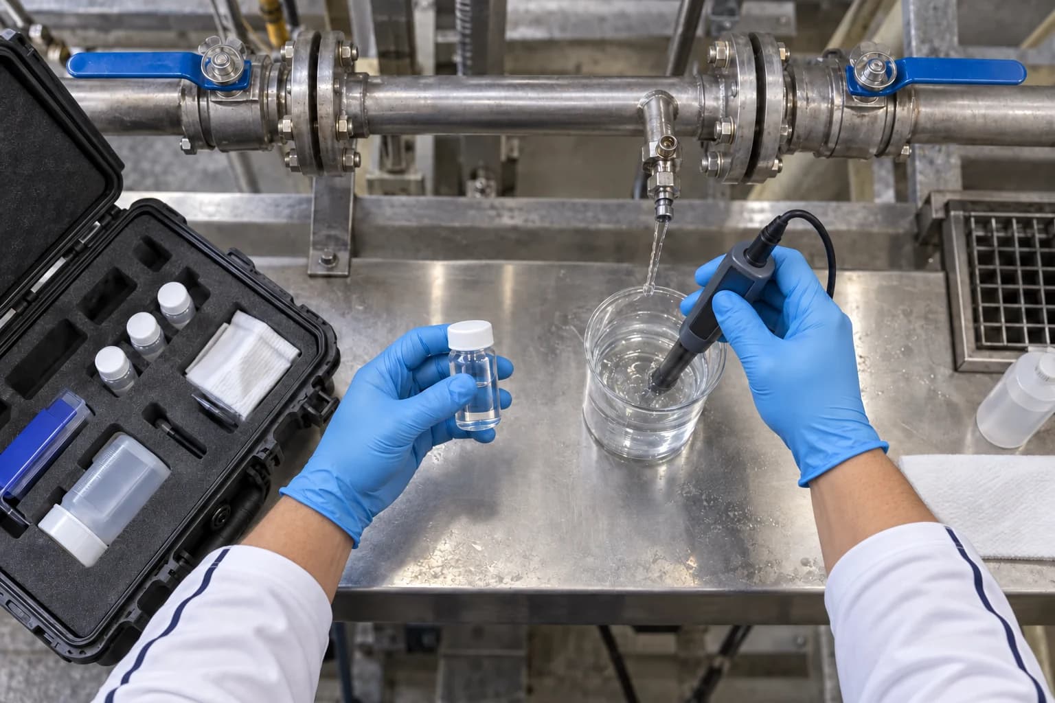 Overhead view of gloved hands testing a water sample beside treatment pipework and a field testing kit